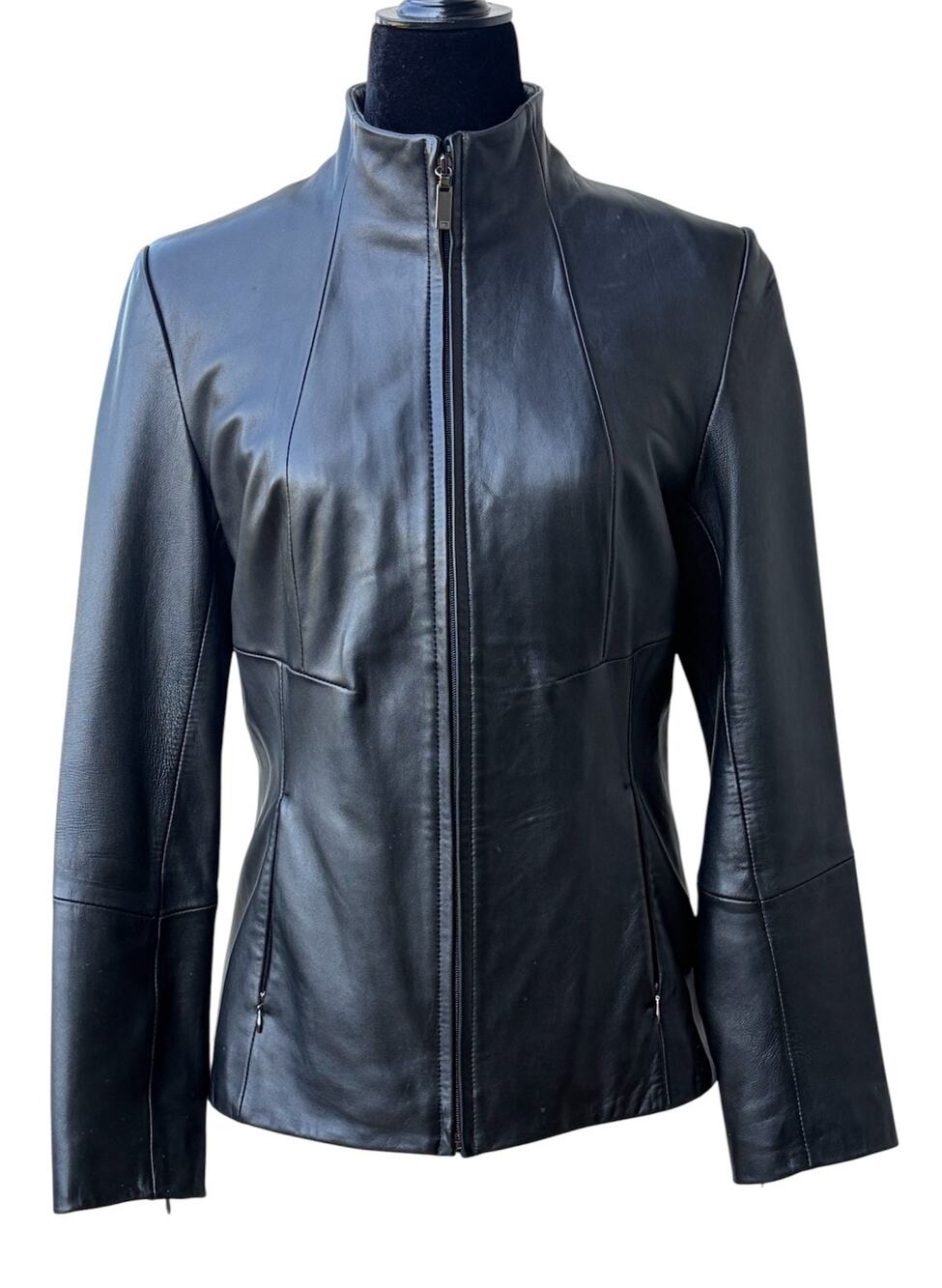 Kenneth Cole Classic Black Leather Jacket Size S Zip Front Zip Pockets